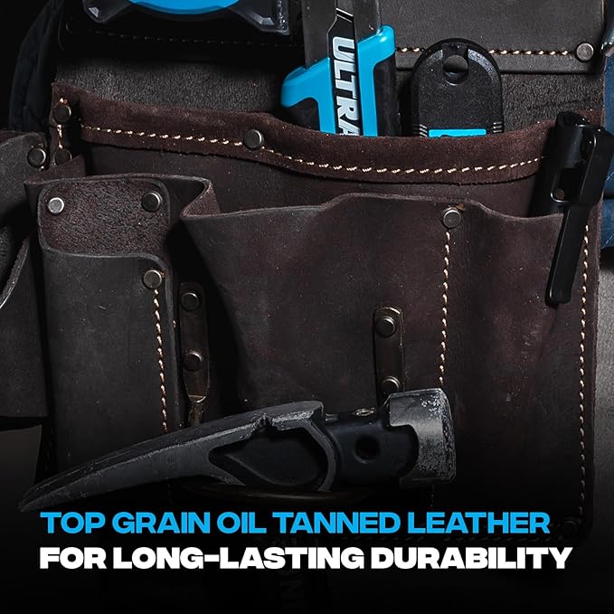 Ox Pro Drywall Tool Belt - 22-Pocket Leather Tool Belt Pouches - Made of Oil-Tanned Leather with Double-Stitching and Steel Rivets - OX-P263804