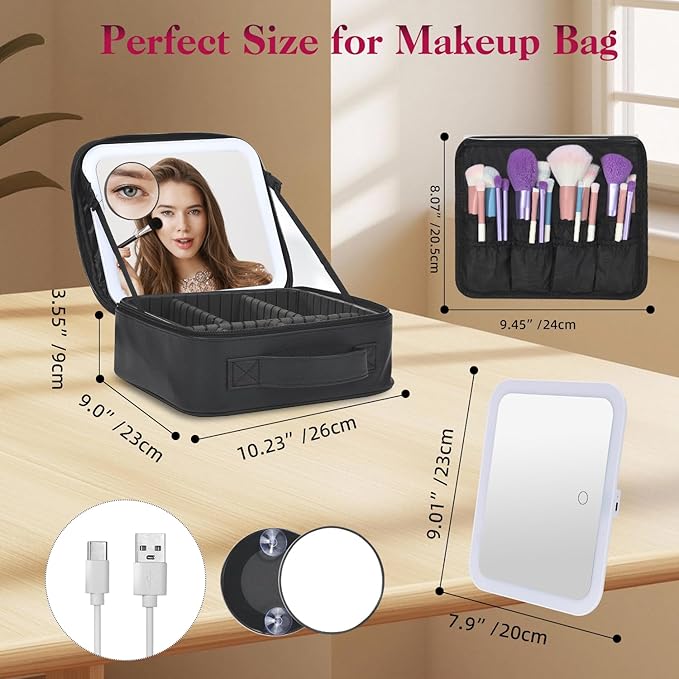 Travel Makeup Bag With LED Mirror, Cosmetic Train Case with 3 Color Setting - Image 3