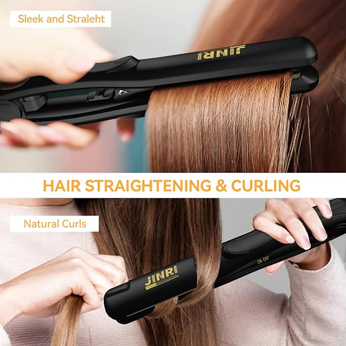 JINRI Titanium Plate Hair Straightener, 200℃ High Heat, 0.8" Mini Size, Dual Voltage for Global Travel, Suitable for All Hair Types & Styles