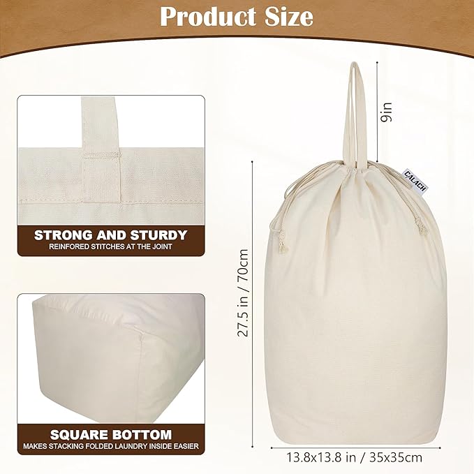 Canvas Laundry Bags with Handles & Square Base13.8"x 13.8", Large Heavy Duty - Image 5