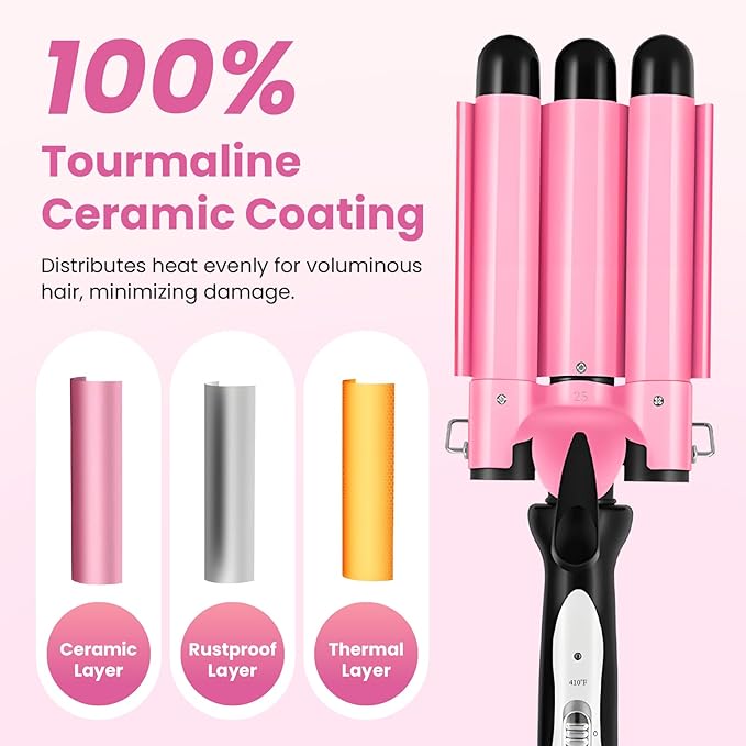 3 Barrel Curling Iron - Crimper Hair Tool 1" Ceramic Hair Crimper & Crimping Iron | Triple Barrel Hair Waver for Women Beach Waves, Dual Voltage, 2 Temp Settings