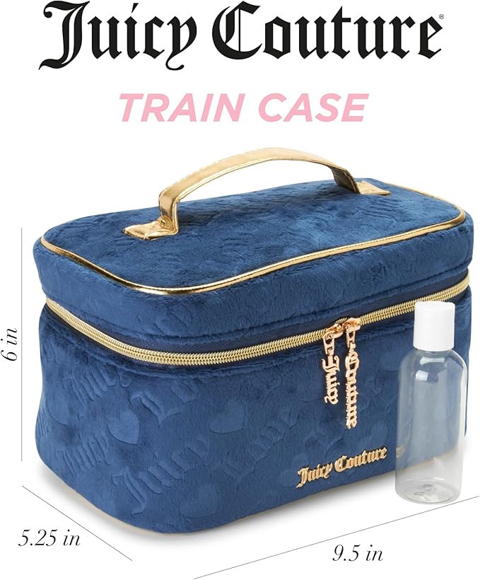 Juicy Couture Blue Makeup Bag Cosmetics Organizer Travel Essentials Train Case Velour Heart Logo