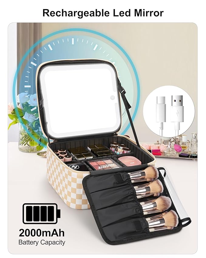 Relavel Travel Makeup Bag With LED Mirror, Cosmetic Train Case with Light up - Image 6