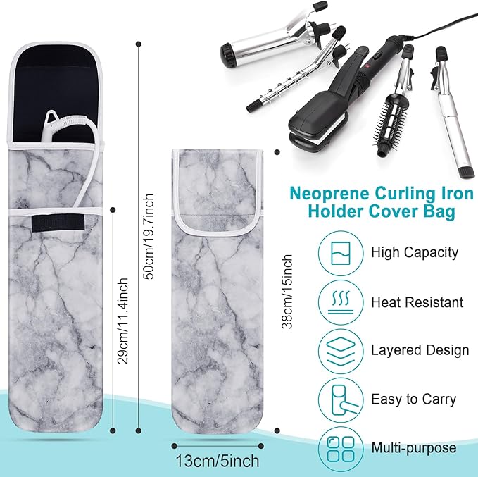 Shappy 2 Pcs Heat Resistant Hair Tools Bag Curling Iron Travel Case Cover Neoprene Flat Iron Holder Travel Case and Silicone Mat Pouch for Hot Hair Tools Storage Organizer(Marble Style)