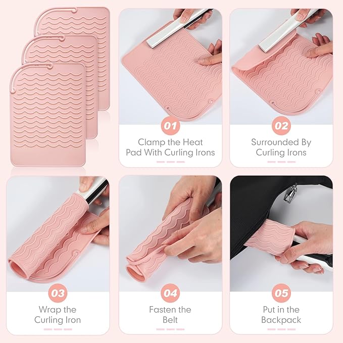 Flat Iron Heat Resistant Silicone Mat for Curling Iron, Hair Straightener Heat Pad, Curling Iron Sleeve, Travel Case Heat Resistant and Other Hair Styling Tools, for Counter, 9 x 6.5 in, Pink