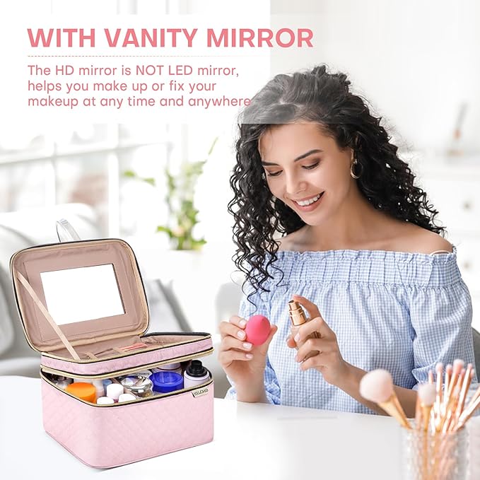 Large Makeup Bag with Mirror Double Layer Travel Make Up Organizer Case - Image 2