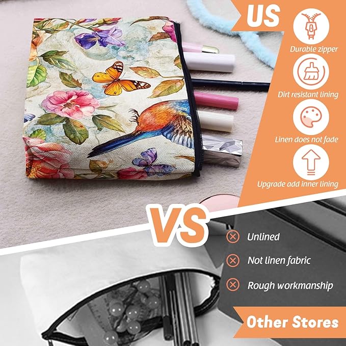 Cosmetic Bags Travel Makeup Toilet Case Waterproof Pouch for Women Girls 6.7X9.45inches - Whimsical Flower - Bird - Butterfly World