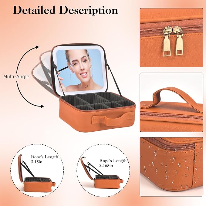 Travel Makeup Bag With LED Mirror, Makeup Travel Train Case with 3 Color Setting - Image 6