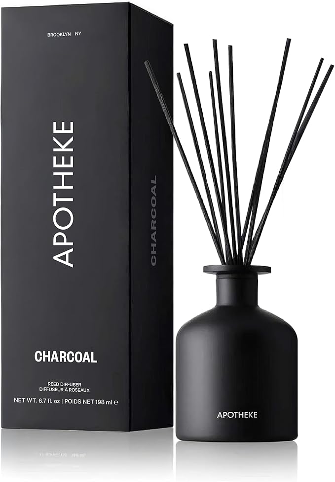 Apotheke Luxury Scented Reed Diffuser for Home, Charcoal - 6.7 Fl Oz Essential Oil Aromatherapy - 10 Rattan Scent Sticks Room Diffuser - Long-Lasting Fragrance for Bedroom, Home, Bathroom