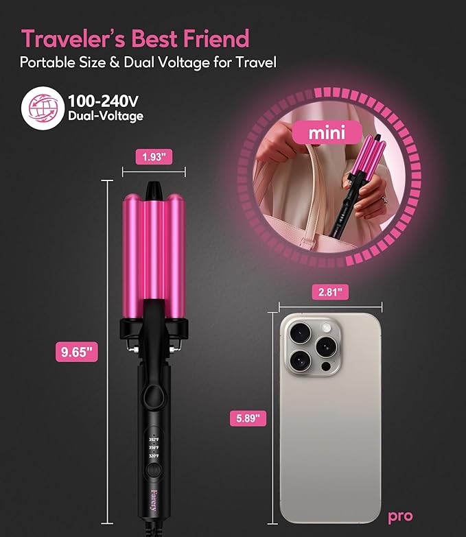 Farery Mini 3 Barrel Hair Waver - Portable Beach Wave Curling Iron for Short Hair, 1/2 Inch Ceramic Crimper with 3 Temp Settings & 30s Fast Heating, Dual Voltage Travel Hair Waver for Women, Pouch Bag