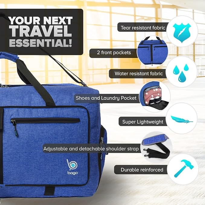 Bago Foldable Duffel Bags for Traveling Women & Men - 60L Medium Packable - Image 3