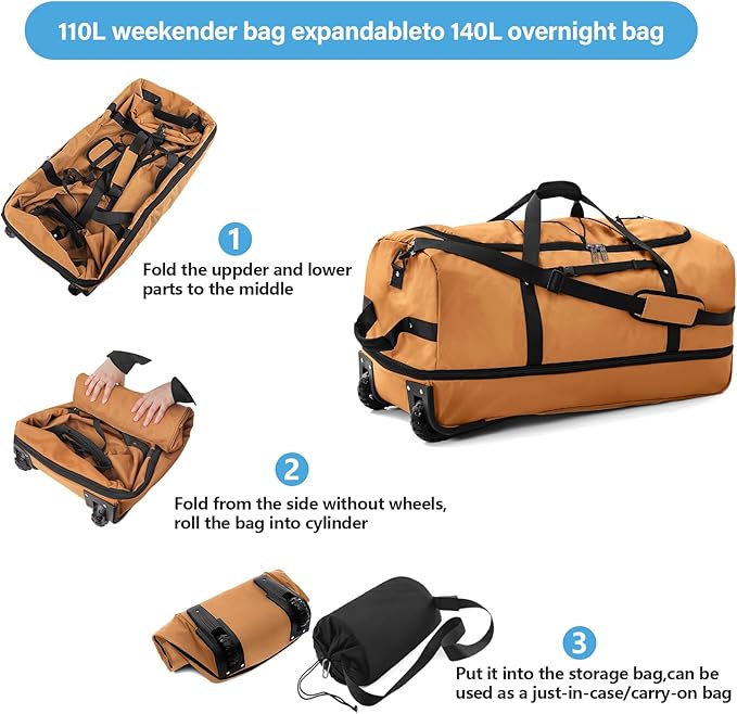 Vomgomfom Wheeled Collapsible Duffel Bag, 110L-140L Expandable Checked Luggage - Image 5