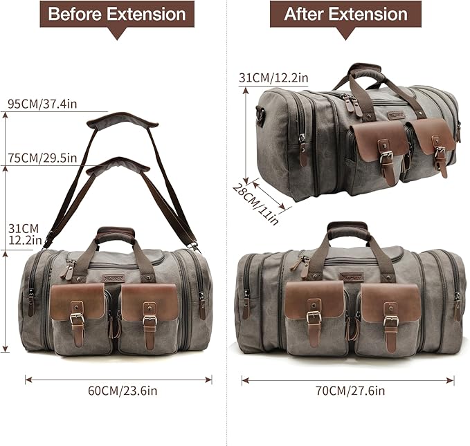 Wildroad 60L Travel Duffel Bag, Expandable Canvas Genuine Leather Duffle Bag - Image 7