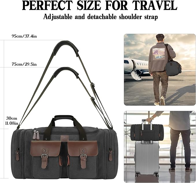Canvas Duffle Bag for Men 50L Travel Duffel Bags Expandable Genuine Leather - Image 7