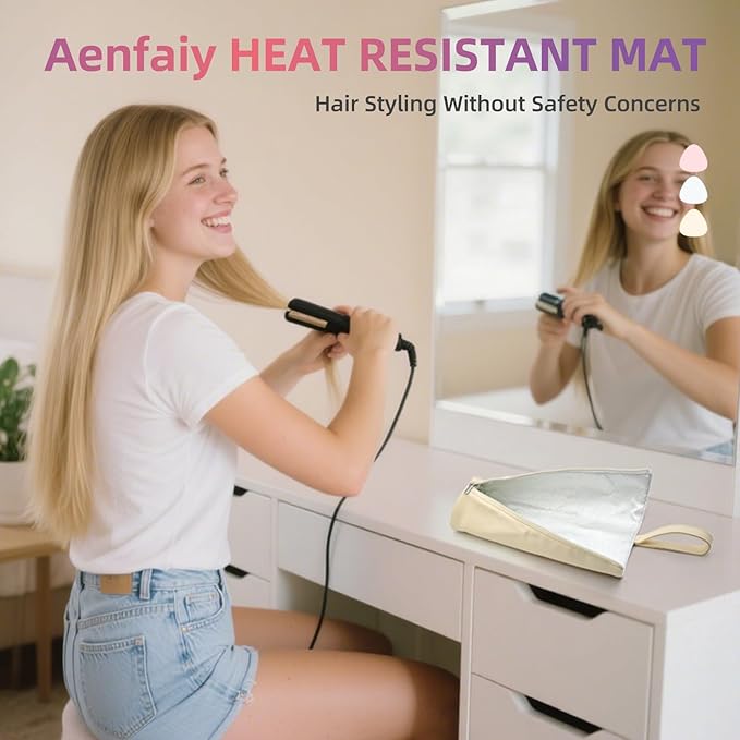 2-in-1 Heat Resistant Mat & Bag for Hair Styling Tools, Hanging Curling Iron Holder Flat Iron Holder with Zip, Portable Hot Hair Tools Travel Bag, Hair Straightener Mat Pouch for Countertop