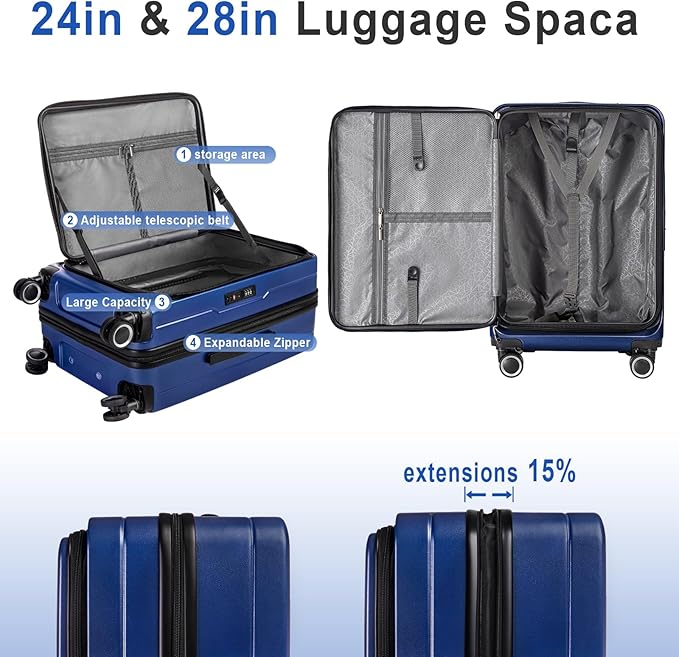 Luggage Sets 3 Piece, ABS Lightweight 20in/24in/28in Luggage, Expandable Carry - Image 3