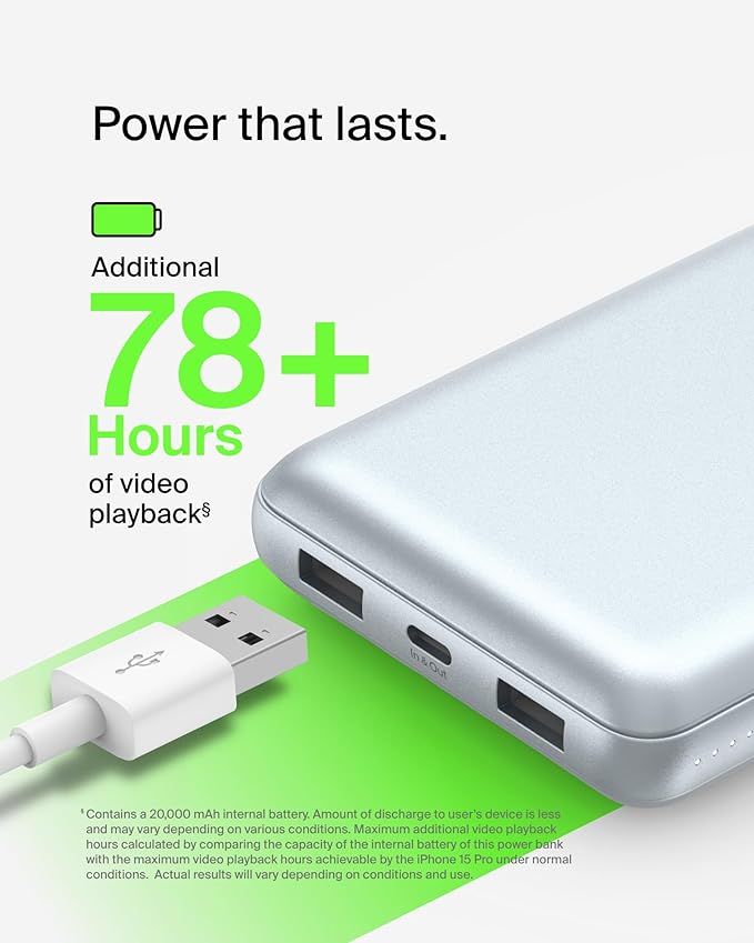 Belkin Portable Charger, USB-C Power Bank 20000 mAh w/ 2 USB-A Ports, 15W - Image 6