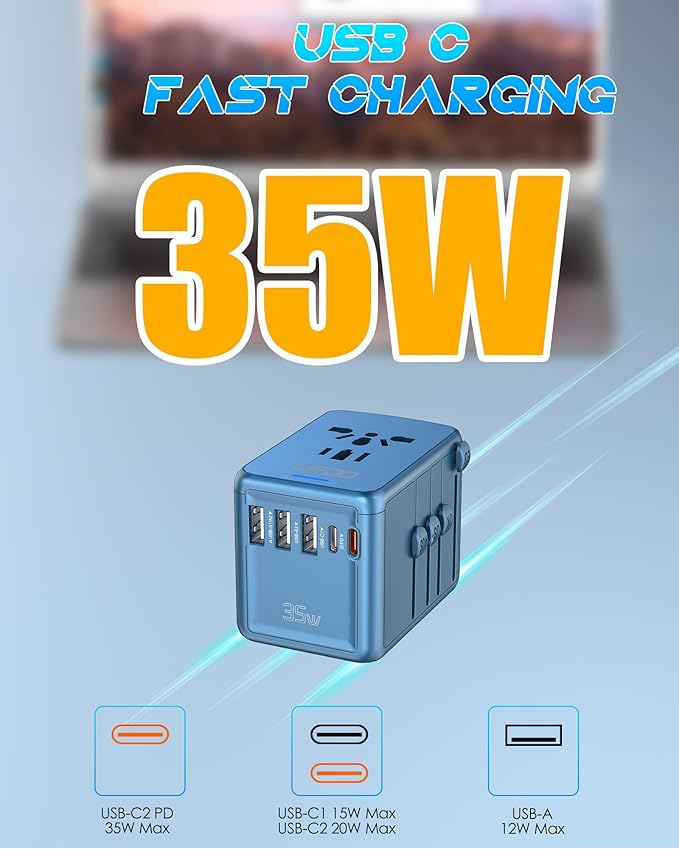 35W PD Universal Travel Adapter Fast Charging Offers 3X2.4A USB-A Ports - Image 2
