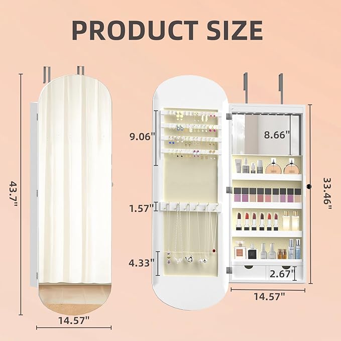 RQZ 8 LEDs Mirror Jewelry Cabinet, Rounded Wide Jewelry Armoire Organizer - Image 9