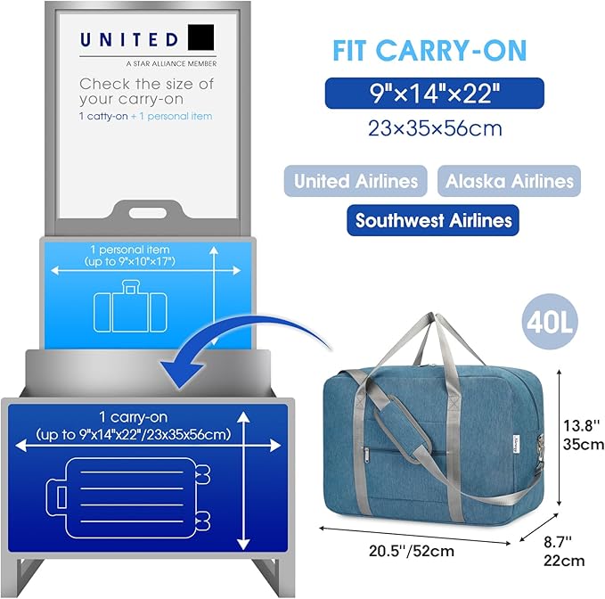 Carry on luaggage 22x14x9 Airlines Approved Foldable Carry on Bag Travel Duffel - Image 2