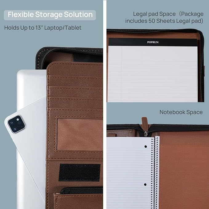 POPRUN Portfolio Binder with Zipper, Leather Padfolio Document Organizer with - Image 5