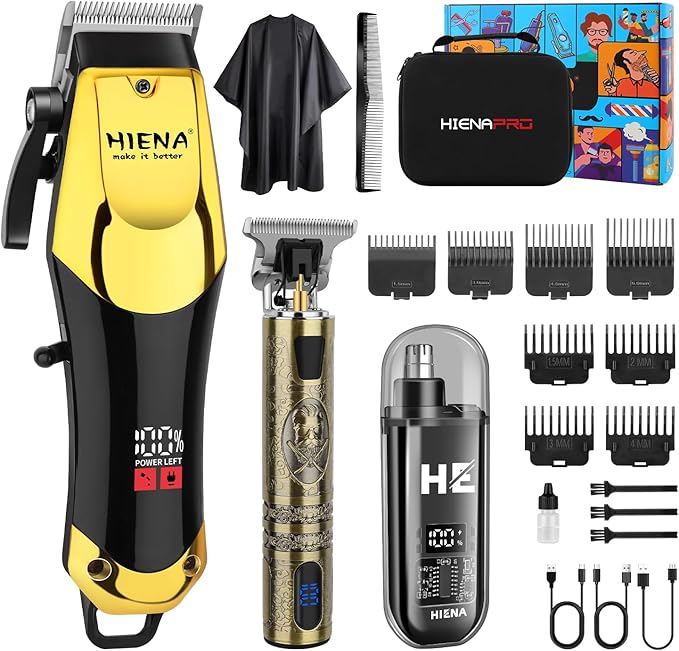 HIENA PRO Professional Hair Clippers & Cordless Barber Clippers for Men, Rechargeable Trimmer Set and Facial Grooming Tool Kit, Ear, Nose Hair Trimmer Set, Gifts for Men