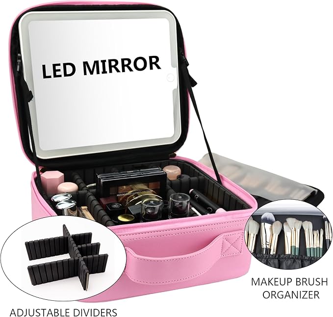 Travel Makeup Bag with LED Mirror Travel Makeup Organizer with 3 Lighted - Image 8
