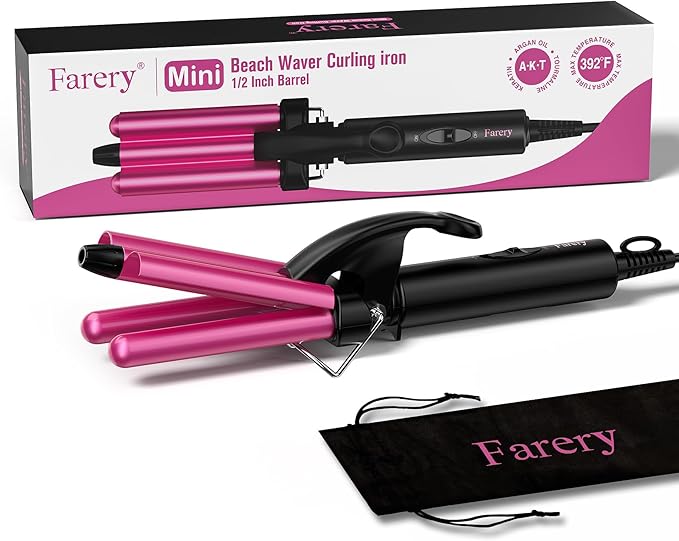 FARERY Mini Waver Curling Iron, 1/2 Inch, Hair Crimper for Women Beach Waves, Keratin & Argan Oil Infused, Dual Voltage, Pouch Bag