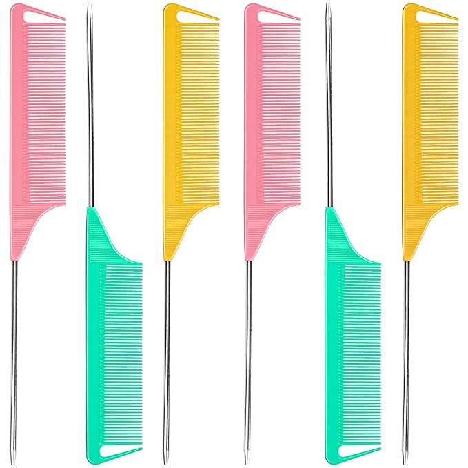 6 PCS Rat Tail Hair Parting Combs - Steel Pin Rat Tail Teasing Fine Tooth Comb Set for Women,Rattail Styling Metal Comb with Stainless Steel Pintail,Carbon Heat Resistant Comb for Curly Braiding Hair
