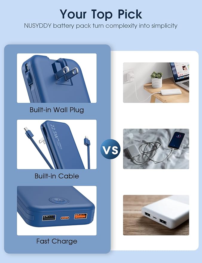 Portable Charger with Built in Cable and AC Wall Plug, USB C Power Bank - Image 3