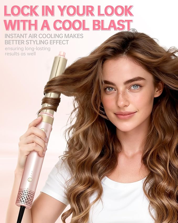 Hair Dryer Brush 8-in-1 Dual Voltage Hot Air Styler – Fast-Drying 110,000 RPM Ionic Blow Dryer with Straightener & Curler Attachments, Frizz-Free Volumizing Styler with Protective Hard Case-Pink