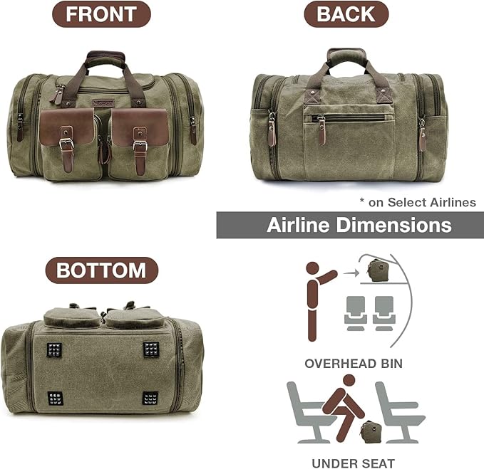 Wildroad 60L Travel Duffel Bag, Expandable Canvas Genuine Leather Duffle Bag - Image 4