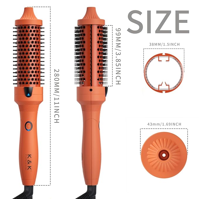 K&K Thermal Brush, 1 1/2 inch Heated Round Brush with Detachable Head, Velvet Pouch and Dual Voltage for Travel, Easy to Create Blowout Look, Cosmic Orange