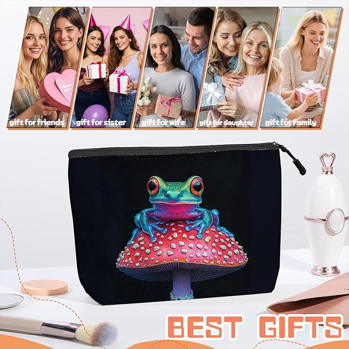 Cosmetic Bags Travel Makeup Toilet Case Waterproof Pouch for Women Girls 6.7X9.45inches - Colorful Frog on A Red Mushroom