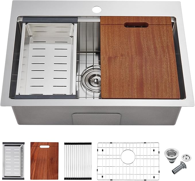 POPFLY 23×18 Inch Drop in Workstation Kitchen Sink, Handmade 18-Gauge 304 by POPFLY