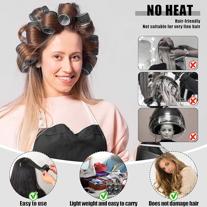 4 Sizes Self-Grip Hair Rollers Set - 50 Pcs Jumbo Curlers for Long, Short Hair and Bangs (25mm, 36mm, 48mm, 60mm) With Clips, Black