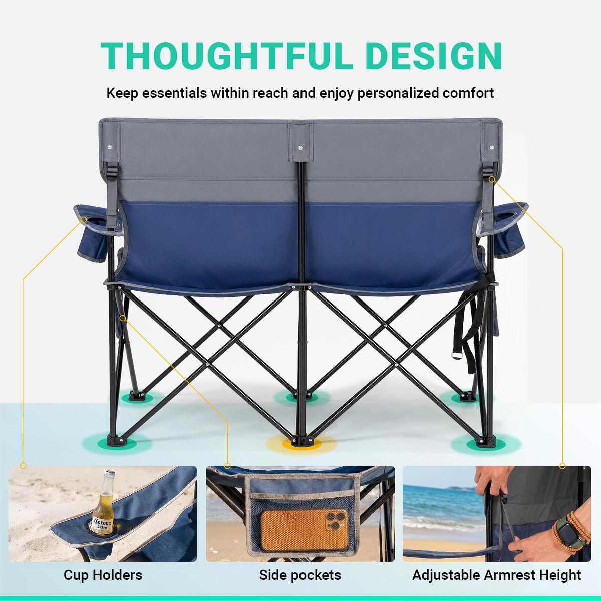Double Camping Chair Compact Folding Loveseat with Cup Holders (Blue Loveseat / 1pc)