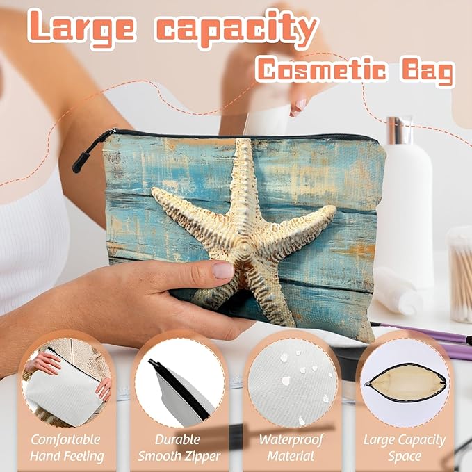 Cosmetic Bags Travel Makeup Toilet Case Waterproof Pouch for Women Girls 6.7X9.45inches - Starfish on A Weathered Blue Wooden Board