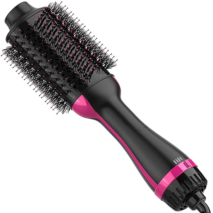 Hair Dryer Brush, 4 in 1 One Step Hair Dryer and Styler Volumizer, Professional Hot Air Brush with Negative Ion Anti-frizz Blowout for Drying, Straightening, Salon, Black Pink