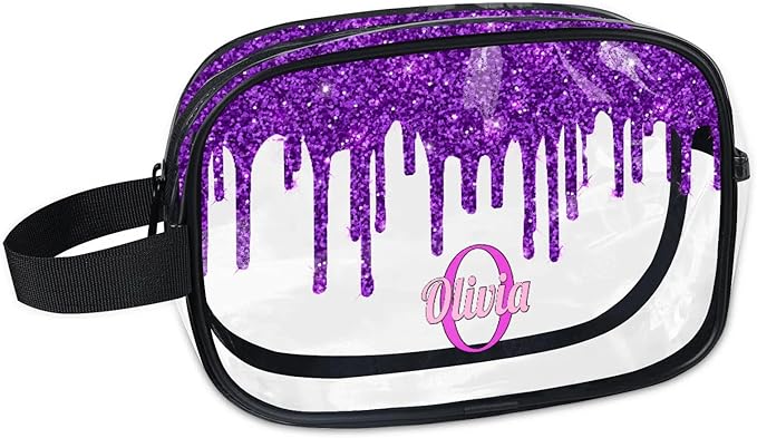 Personalized Transparent Makeup Bag with Name, Travel Clear Cosmetic Bag for Women, Friends, Mother's Day, Bridesmaid, Bride, Wedding, Graduation, Deep Purple Sequins Fluid Shape