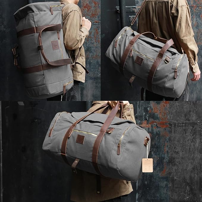 60L Travel Bags for Men, Nomad Canvas Duffle Bag Vintage Genuine Leather Travel - Image 2
