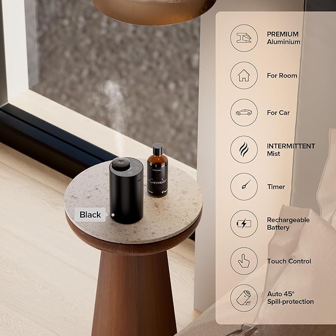 Airversa Waterless Essential Oil Diffuser for Home Aromatherapy Scent Diffusers with 3 Countdown Timer Settings or Timer-Off, 3 Mist Levels for Car Room Studio Office, ANX Premium Metal Space Grey