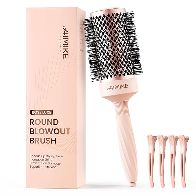 AIMIKE Round Brush for Blow out, Rose Luxe Round Hair Brush Ionic & Nano Thermal Ceramic Tech, for Blow Drying & Styling Volumizing Long Hair, with 4 Clips (Barrel 2.1", Bristle 3")