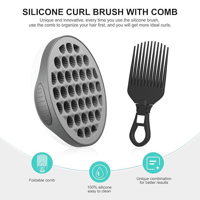 Silicone Twist Hair Brush, Magic Curling Hair Tool for Afro Curls,Vertical Stripe Curl Brushes, Detachable Two-Sided for Men Women Boy Girl Comb, Gray, 1 Piece