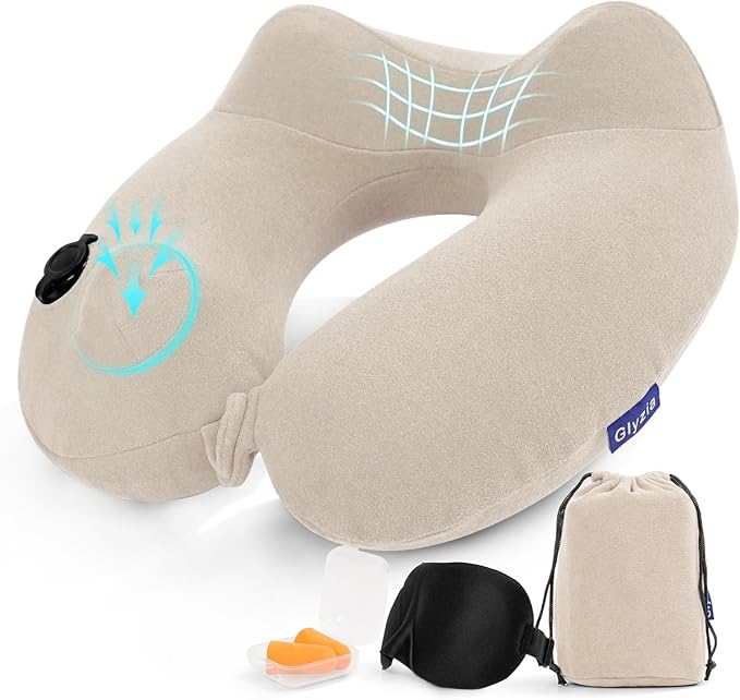 Inflatable Travel Neck Pillow for Airplane, Head Support Velvet Adult Neck by Glyzia