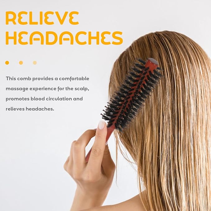 Round Boar Bristle Hair Brush 8.5 Inch Wooden Handle Curly Comb for Men and Women Styling Blow Drying Soft Hair Care