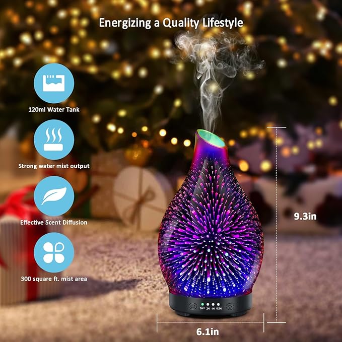 Essential Oil Diffuser 120ML -3D Firework Glass Aromatherapy Diffusers for Essential Oils with 4 Timer Setting Auto Shut-Off Silent Operation 7 Colors Lights Changing for Room, Office, Yoga