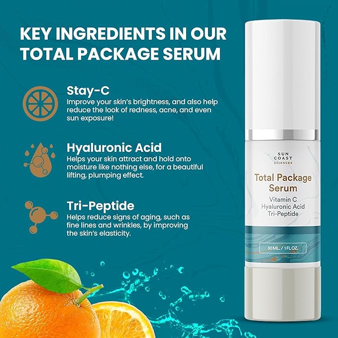 Sun Coast Sciences - Total Package Serum, All-In-One Vitamin C, Hyaluronic Acid, Anti-Aging Facial Super Serum for Wrinkles, Age Spots - 1 fl oz (Pack of 4)