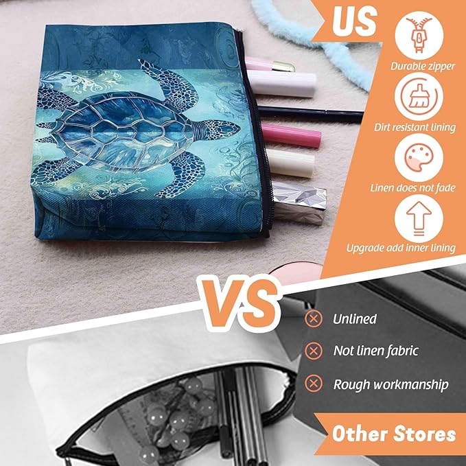 Cosmetic Bags Travel Makeup Toilet Case Waterproof Pouch for Women Girls 6.7X9.45inches - Blue Sea Turtle With Ornamental Patterns