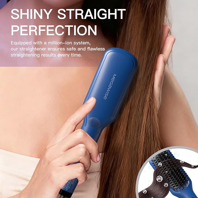 MEGAWISE Pro Ceramic Ionic Hair Straightener Brush for Home Salon | MCH Fast 20s Heating Tech with Auto-Off Safety | Anti-Scald with Universal Dual Voltage | Rotatable Power Cord (Gentian Blue)